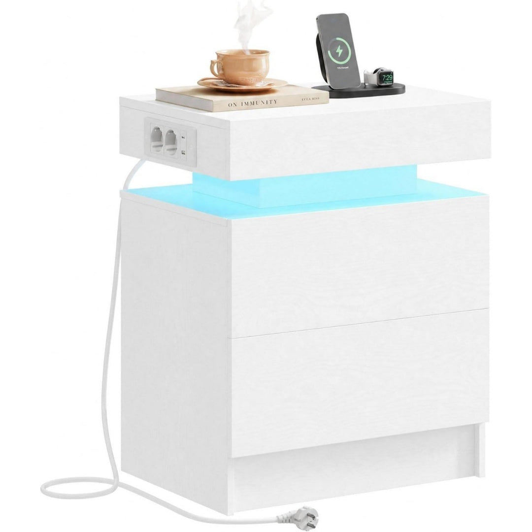 ironck nachttisch weiss mit ladefunktion moderne nachtschrank mit lichtemittierende diode beistelltisch mit steckdosen usbusb-c anschluessen lichtemittierende diode-beleuchtung nachtkaestchen fuer wohnzimmerschlafzimmer 48x35x60 cm