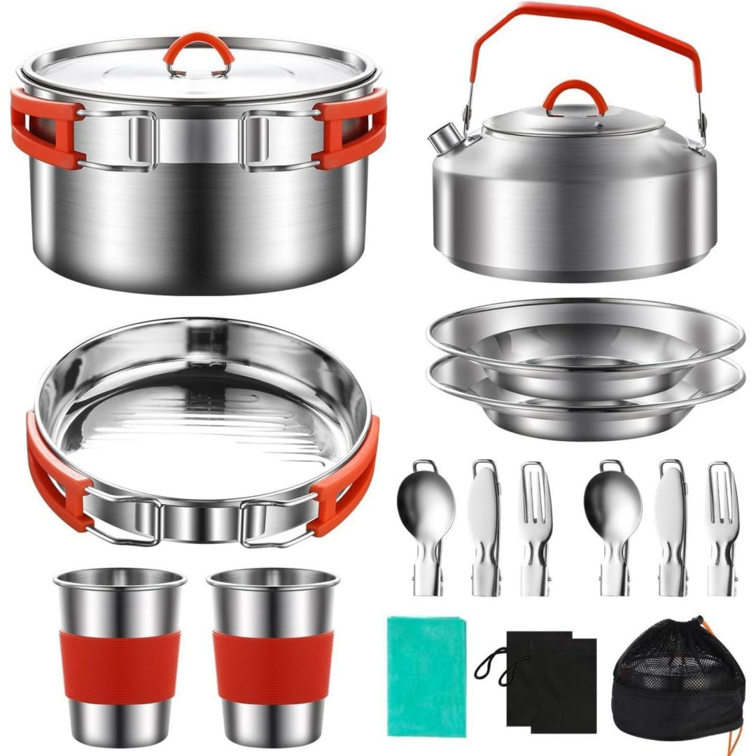 camping kochgeschirr kit 304 edelstahl camping kochset camping topf und pfanne set mit wasserkocher tassen teller gabeln messer loeffel fuer camping outdoor wandern picknick rvs fuer 2-3 personen