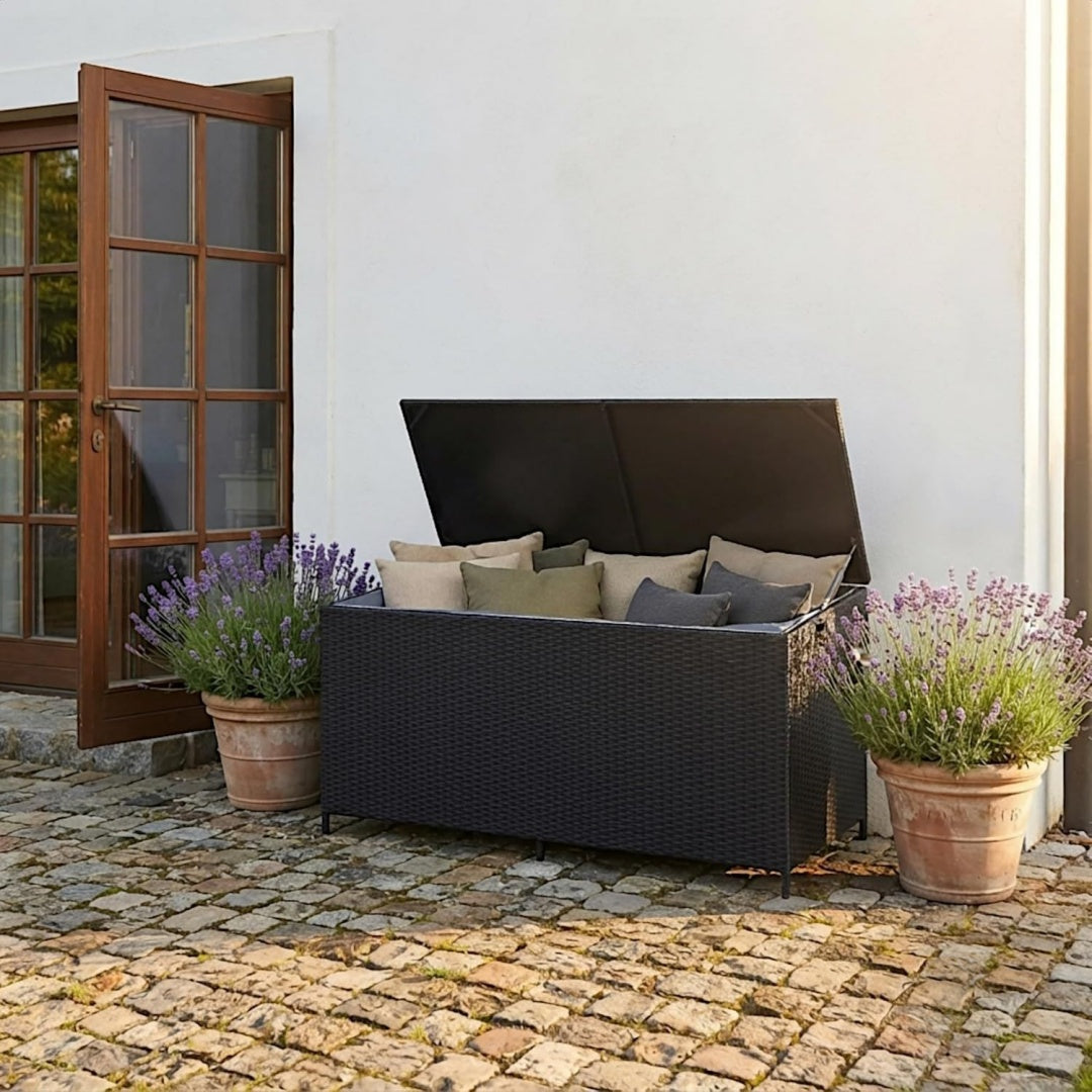 polyrattan auflagenbox kissenbox gartenbox gartentruhe aufbewahrungsbox auflagentruhe aufbewahrungstruhe kissentruhe schwarz