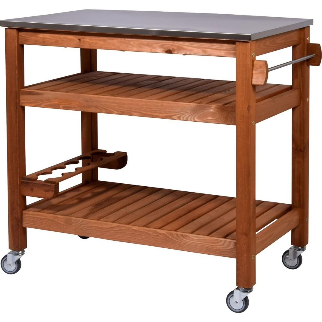 35540fsce multifunktionstisch rollbarer beistellwagen grill-trolley massivholz servierwagen mit edelstahlplatte grillwagen mit ablage 94 x 58 x 90 cm braun