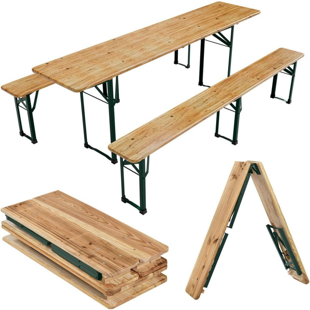 bierzeltgarnitur 3-teilig biertischgarnitur mittig klappbar 220 cm - gartenmoebel set aus tannenholz biertisch bierbaenke festzeltgarnitur natur