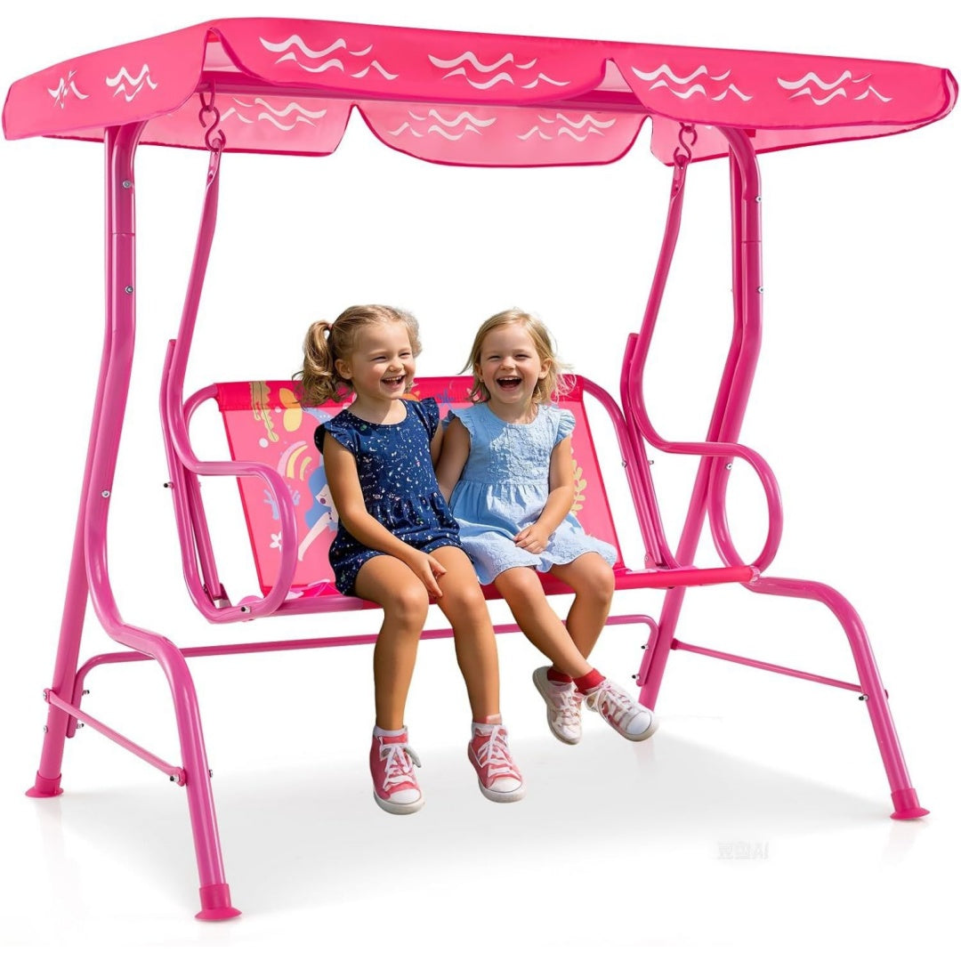 kinder hollywoodschaukel 2-sitzer kinderschaukel mit verstellbarem sonnendach metallgestell gartenschaukel mit sicherheitsgurten schaukelbank gartenbank fuer kinder rosa