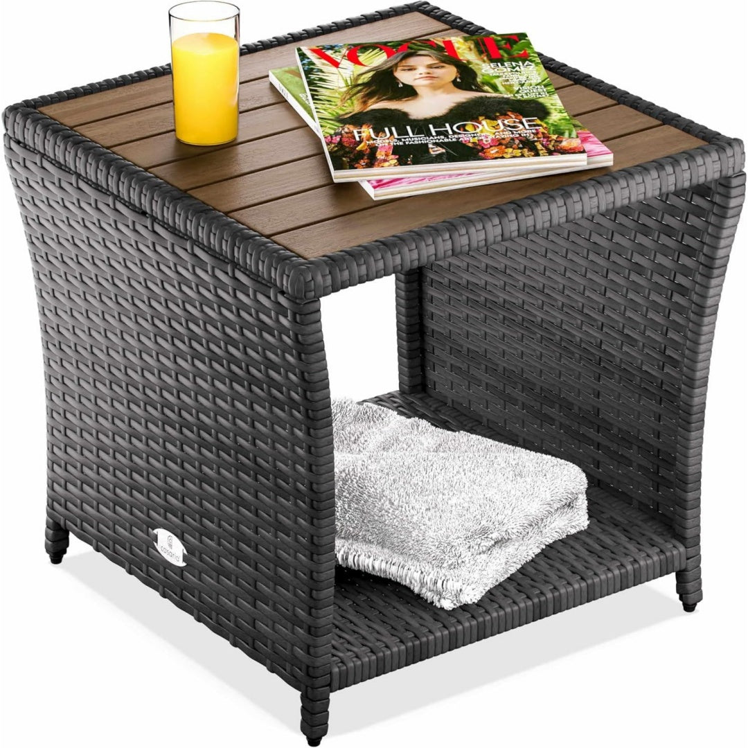 beistelltisch grau wetterfest klein holz polyrattan akazie 45x45x40cm 80kg belastbarkeit outdoor tisch gartentisch balkontisch gartenmoebel