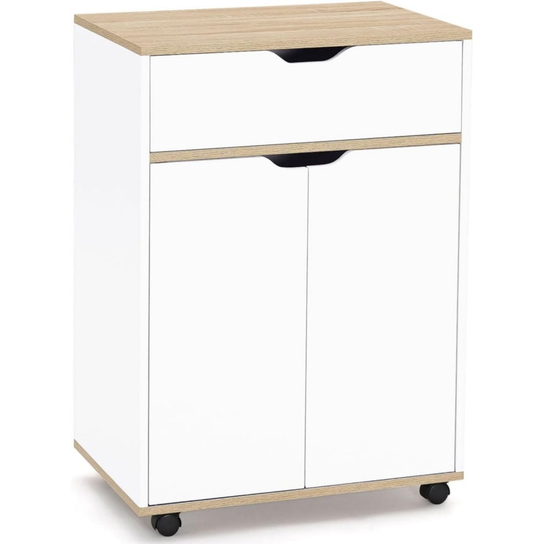 kuechenwagen cosy schrank mit schublade aus weissem holz und buchenholzplatten l60 cm