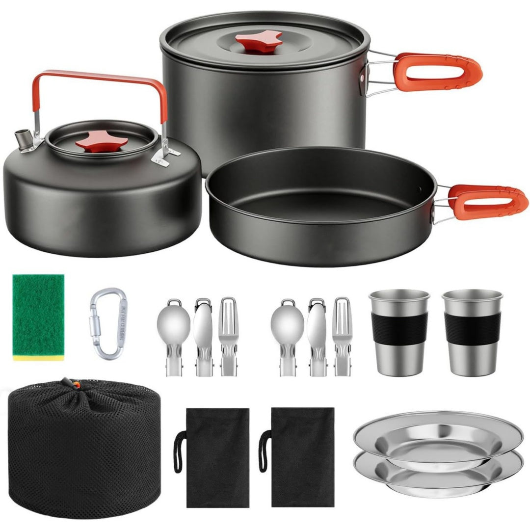 camping kochgeschirr set 2 personen 18 teilig topf pfanne set wasserkocher camping kochset camping topf pfanne set und wasserkocher mit tassen teller messer loeffel gabeln camping besteckset