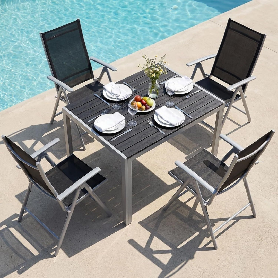 5-teiliges gartenmoebel set aluminium balkonmoebel set 4pcs verstellbare hochlehner klappstuehle 110x70cm wpc wetterfest rechteckiger terrassentischessgruppe sitzgruppe outdoor silber grau