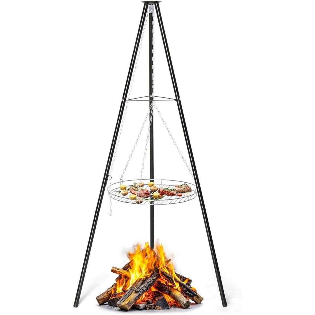 schwenkgrill ohne feuerschale inkl 48 cm grillrost - dreibein grill - hoehenverstellbar grosse grillflaeche - outdoor grill camping - schwarz